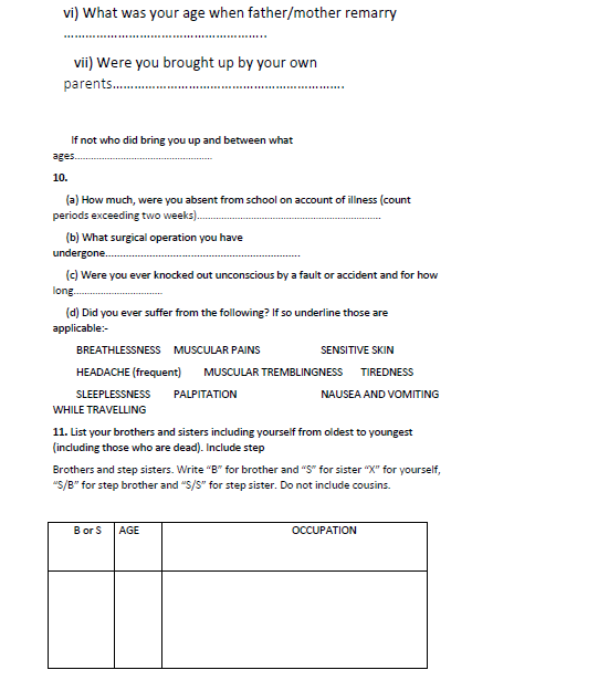 BIO DATA Form Filling Sheet on Arrival Day at ISSB